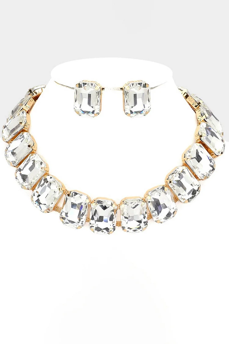 Elegant Square Rhinestone Choker Necklace Stud Earrings Jewelry Set 2024 - Xpluswear
