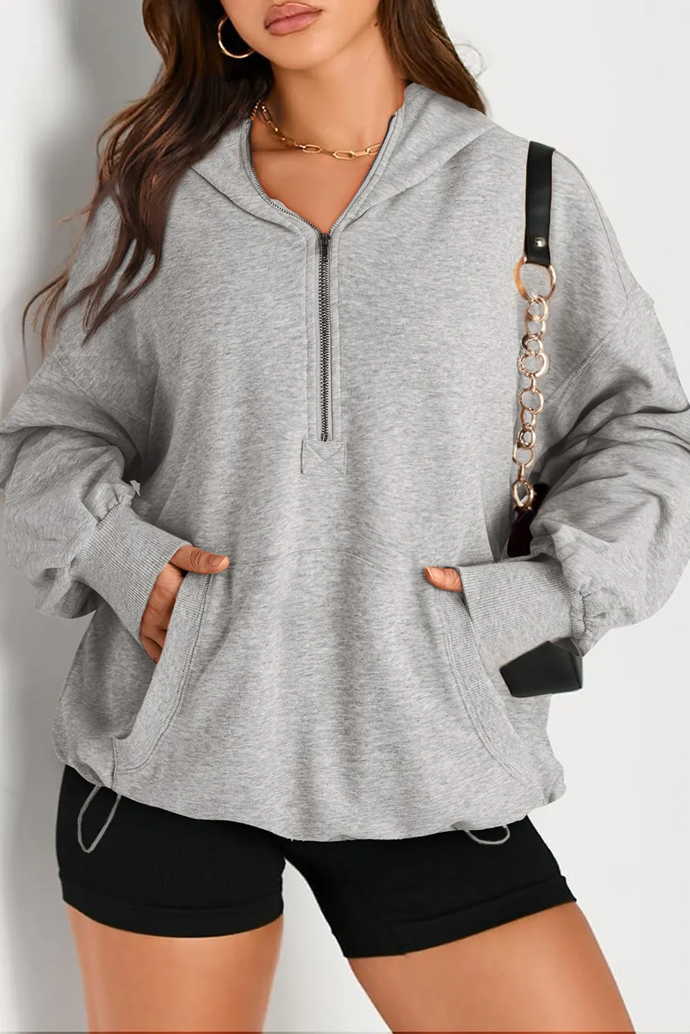 Smoke Green Solid Kangaroo Pocket Half Zipper Oversized Hoodie