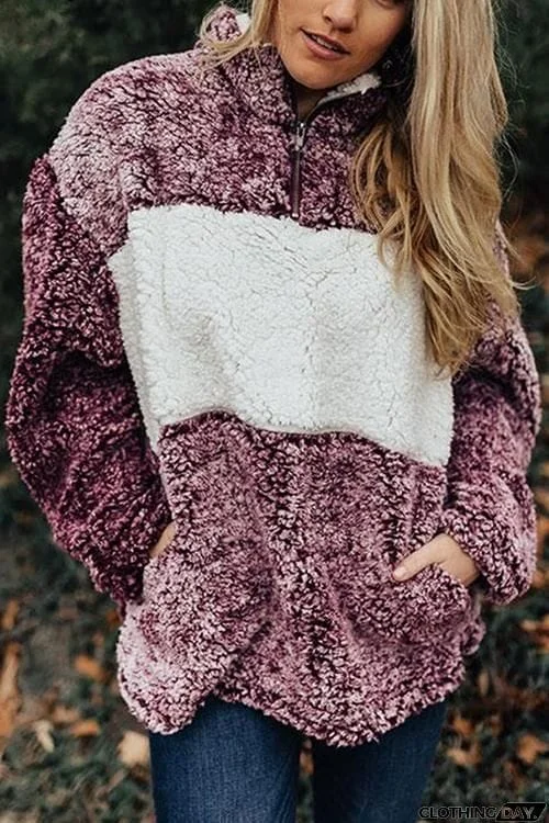 Pockets Zipper Fuzzy Hoodie