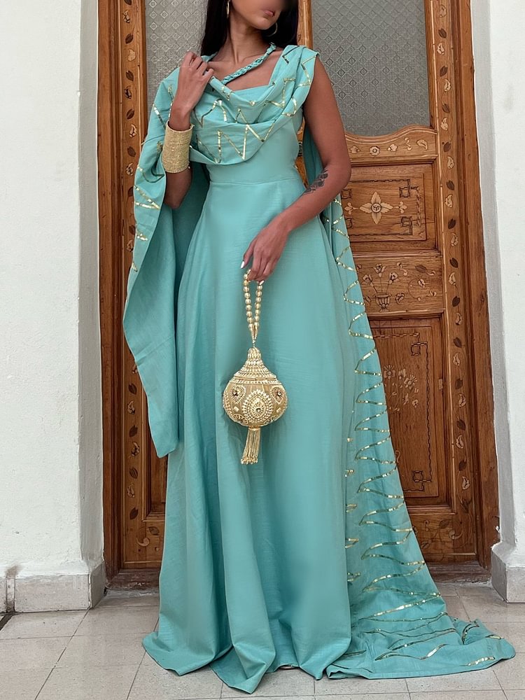Irregular Shoulder Strap Dress and Golden Lines Shawl