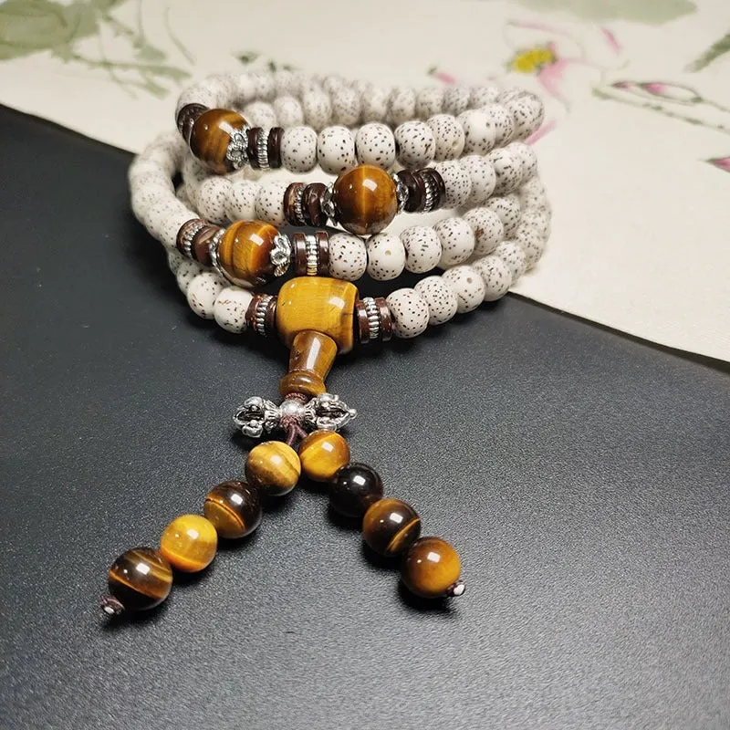 Natural Bodhi Seed Tiger Eye Wisdom Peace Bracelet Necklace Mala