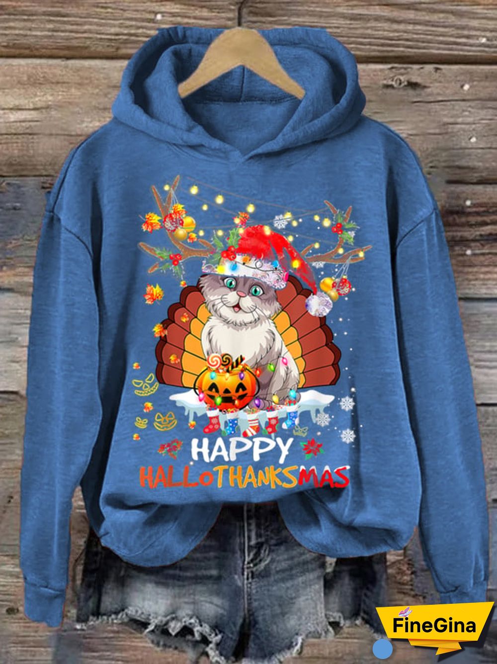 Women's Happy Hallothanksmas Cute Cat Hoodie