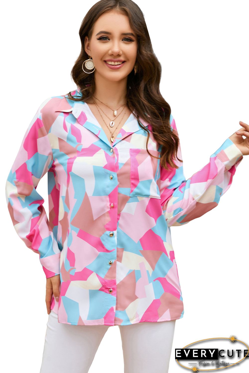 Pink Geometric Block Printed Roll Tab Sleeve Shirt