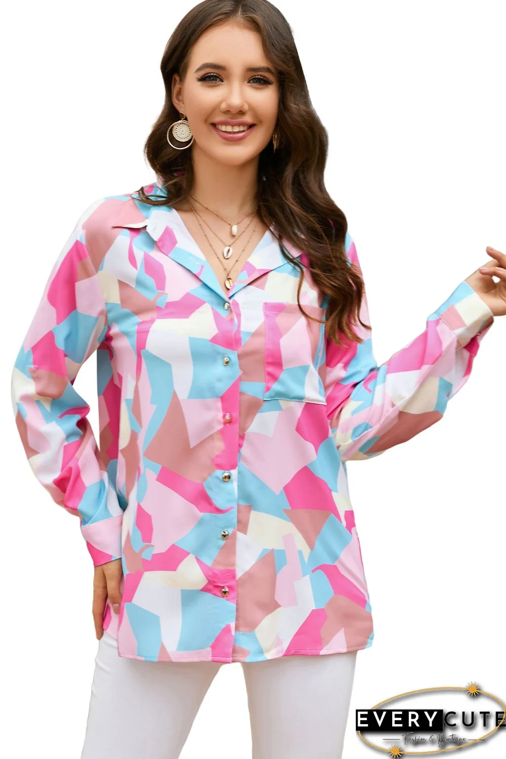 Pink Geometric Block Printed Roll Tab Sleeve Shirt