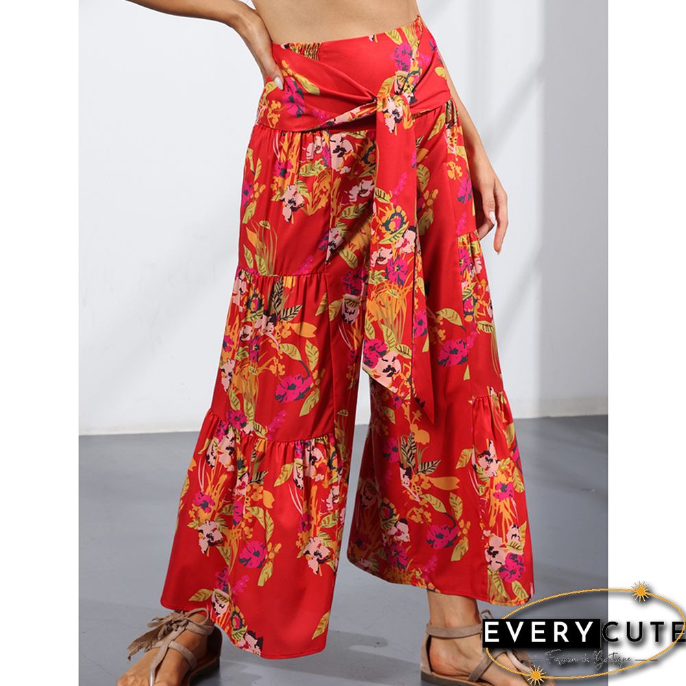 Red Digital Print Cropped Wide Leg Boho Pants with Tie