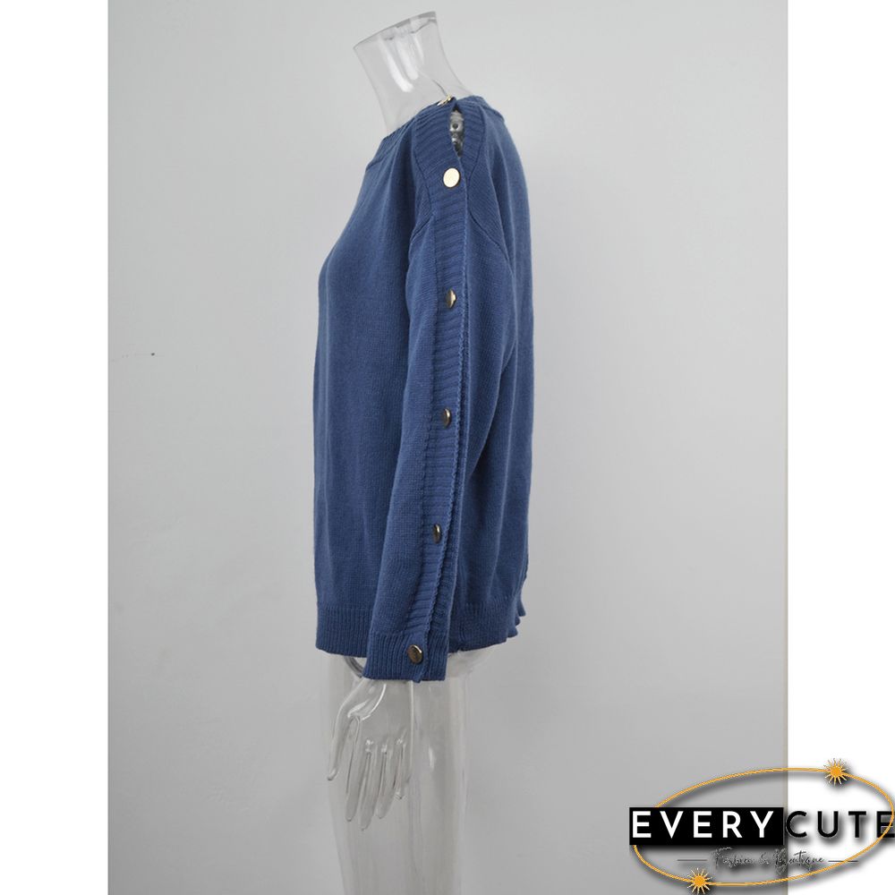 Navy Blue One-side Button Long Sleeve Pullover Sweater