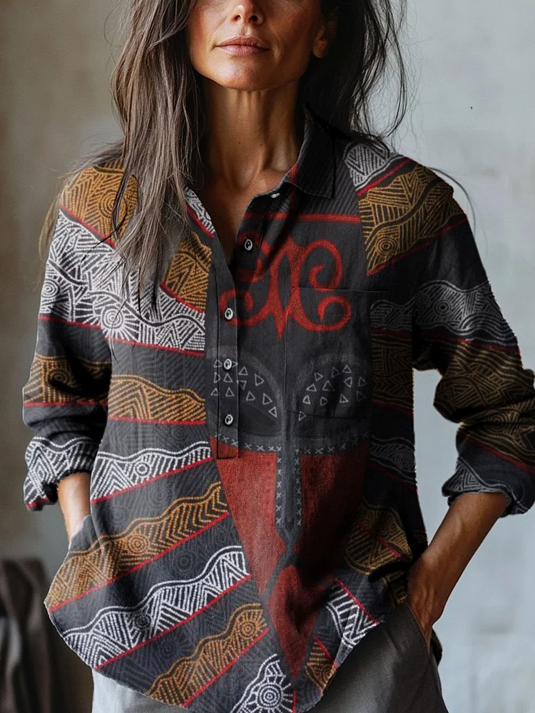 Women's Abstract Black Mask Art Print Casual Cotton And Linen Shirt
