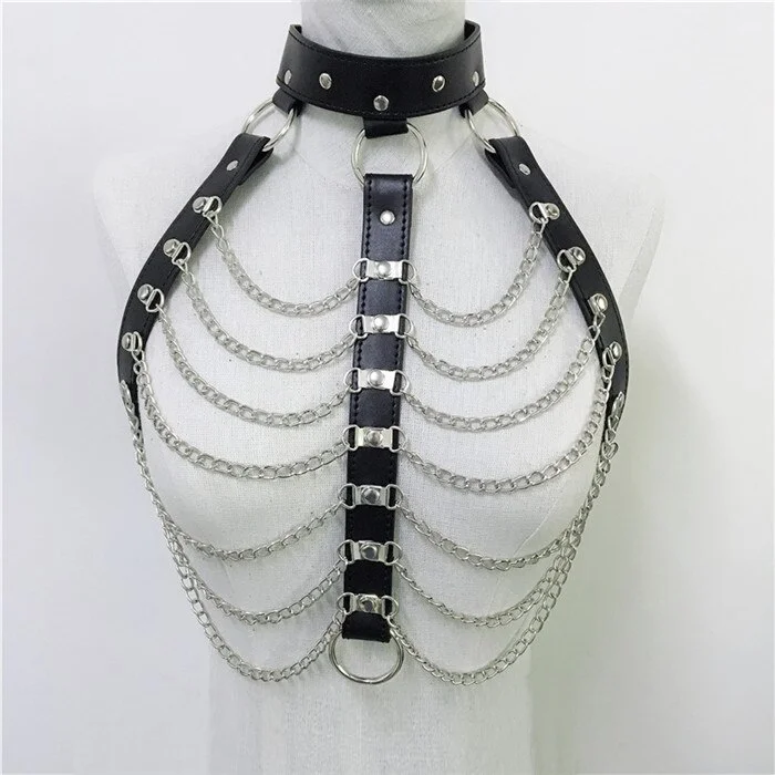 Uveng Faux Leather Hollow Out Crop Top Women Link Chain Long Tassel Tank Tops Stage Performance Costume Party Rave Festival Tops