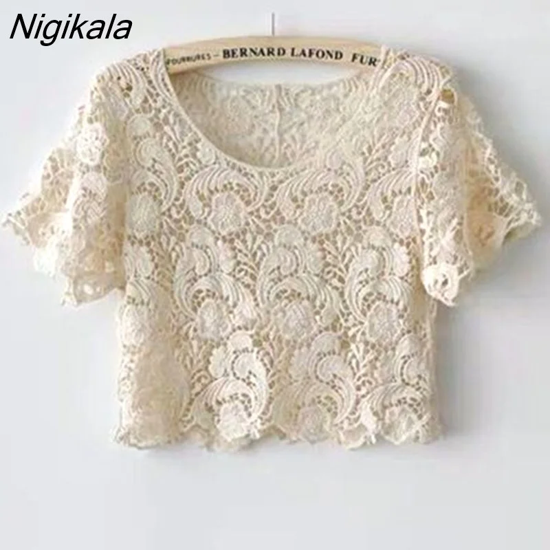 Nigikala Women Hollow Out Cropped All-match Summer Elegant Lady O-neck Short Sleeve Sun-proof Clothing Leisure Female Tops Cozy
