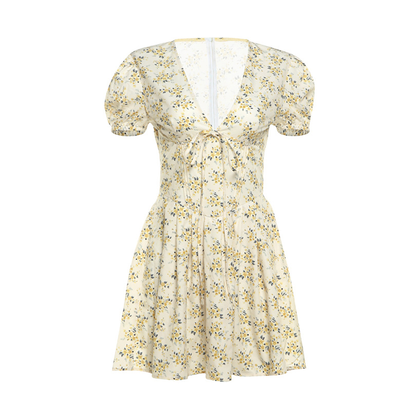 Pinsballz 2025 Hot Sale Elegant Senior Women's Clothing Summer New French Style TemperamentVCollarAShort Skirt Waist Slimming Floral Dress Dresses