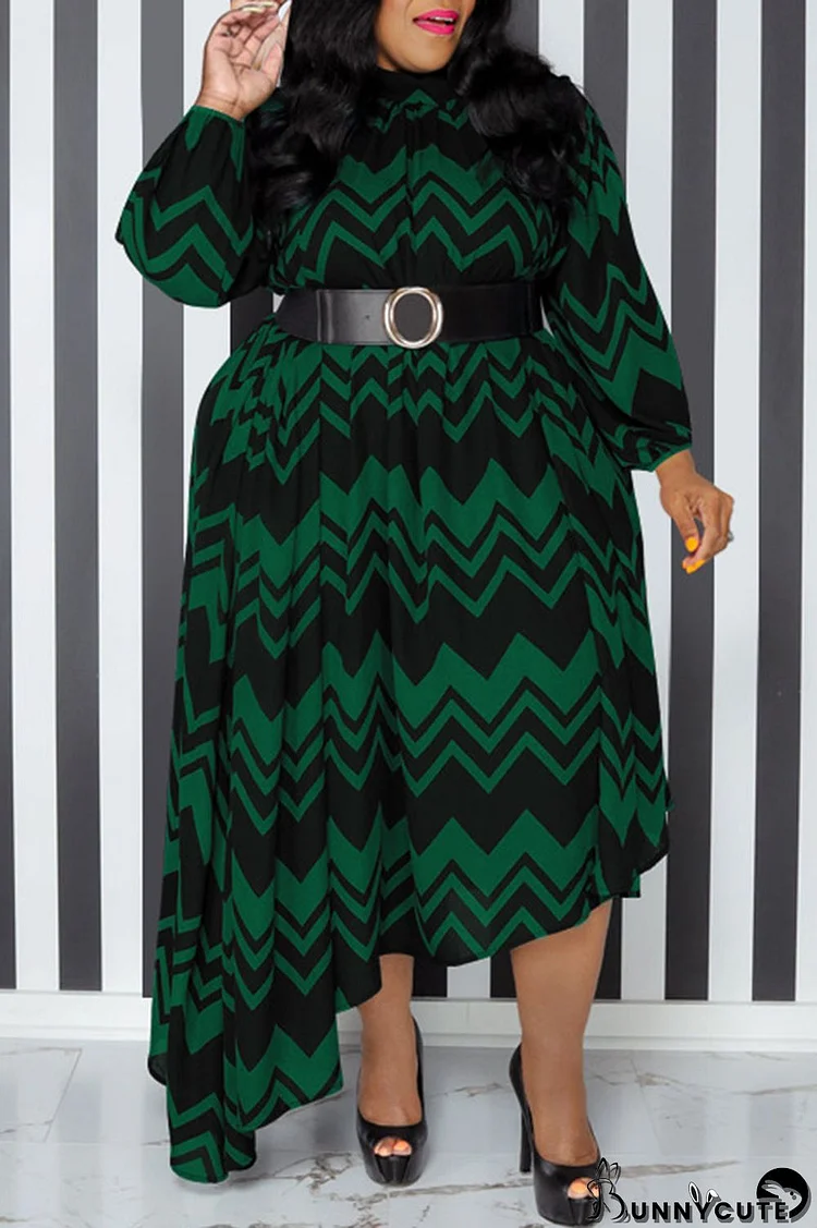 Ink Green Casual Print Patchwork With Belt O Neck Irregular Dress Plus Size Dresses
