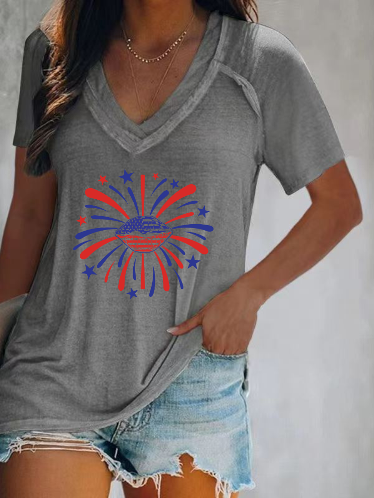4th July Celebration With Firework Casual V-Neck Loose Short Sleeve T-Shirt Top