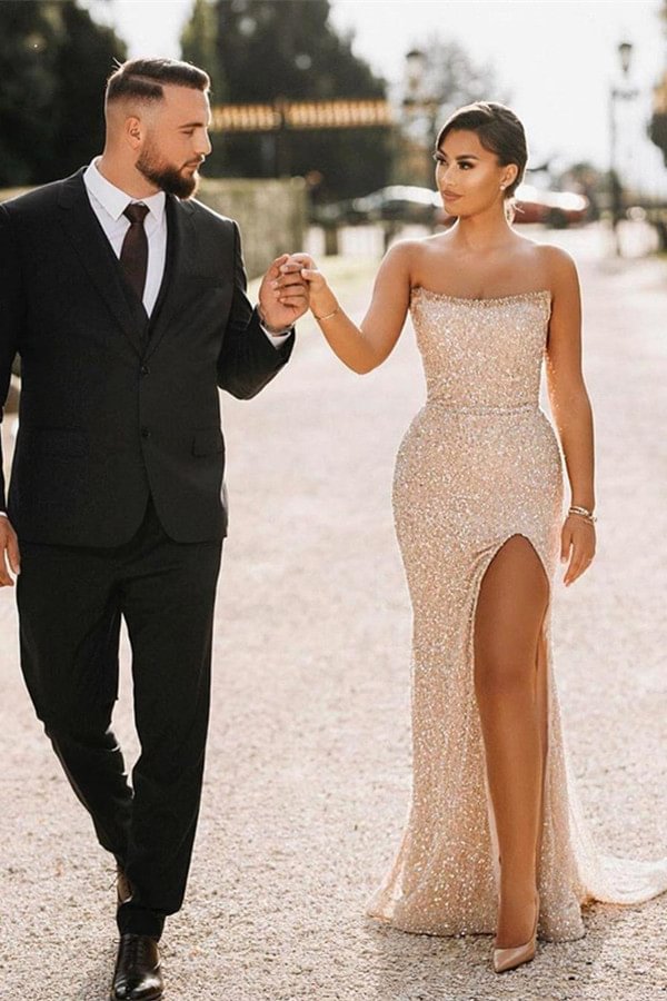 Bellasprom Long Mermaid Sequins Prom Dress With Slit Strapsless