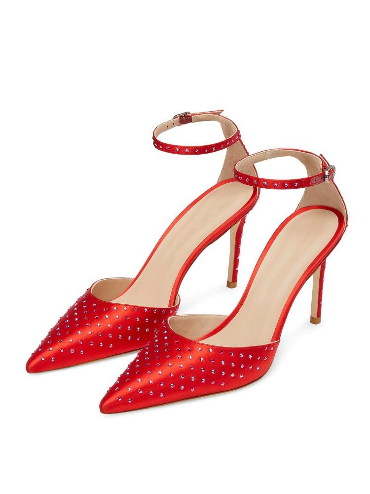 Red Rhinestone Ankle Strap Stain Pumps Buckle Stiletto Heeled Pumps For Women