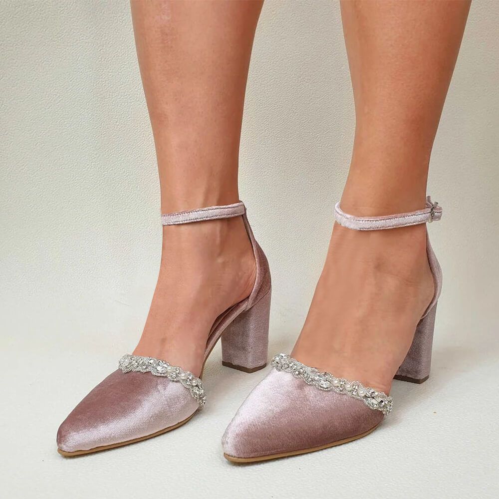 Blush Velvet Evening Shoes Ankle Strap Rhinestone Trim Pumps Heels Nicepairs