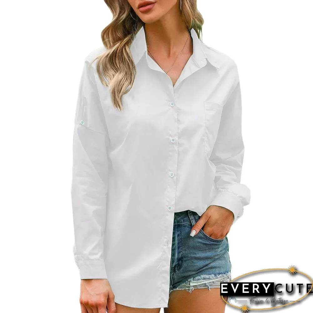 White Solid Button Detail Pocket Long Sleeve Shirt