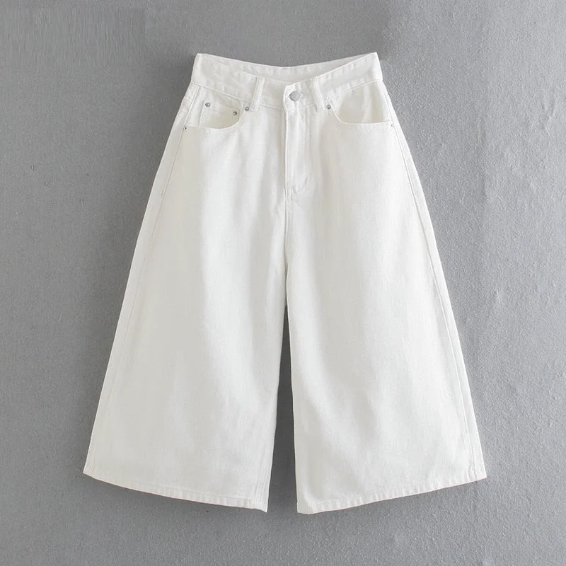 Tangada 2021 Summer Fashion Women Wide Leg Crop Jeans Pants Trousers Pockets Buttons Female Pants JE130