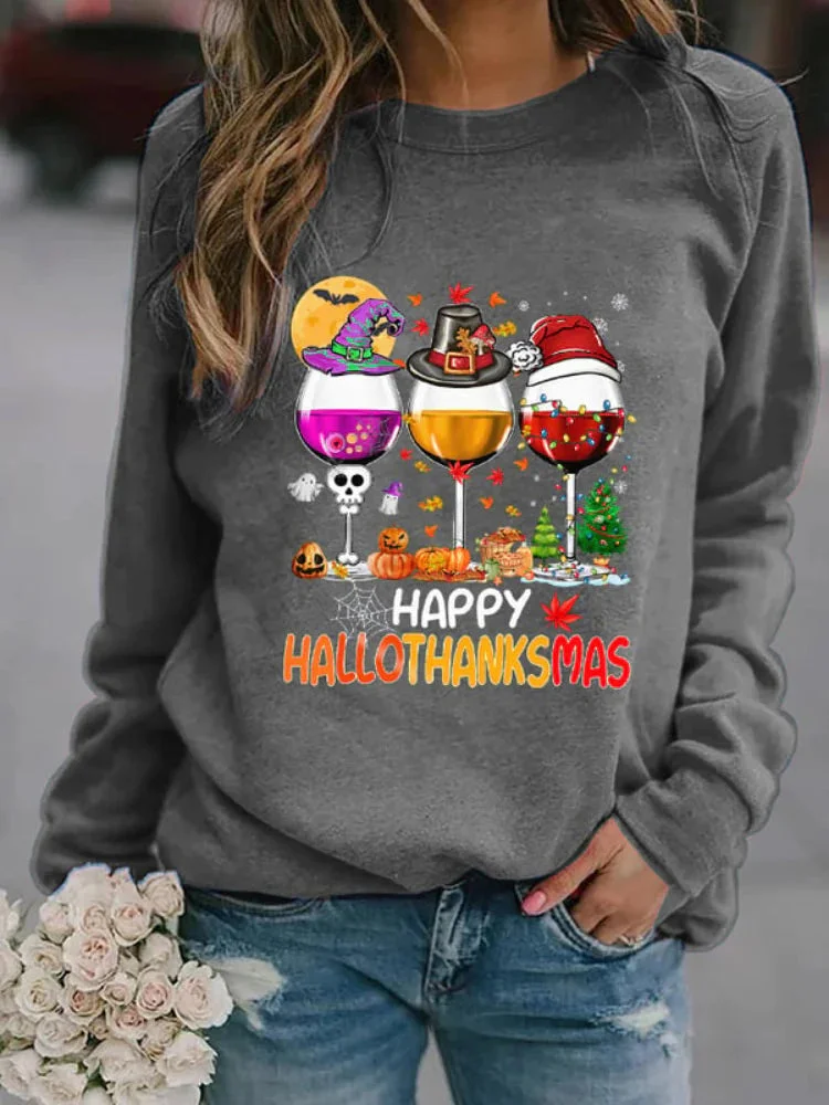 Happy Hallothanksmas Wine Print Sweatshirt socialshop