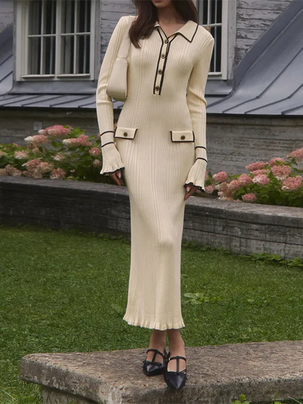 Split-Joint Ruffled Pleated Long Sleeves Lapel Sweater Dresses Maxi Dresses APRICOT-S