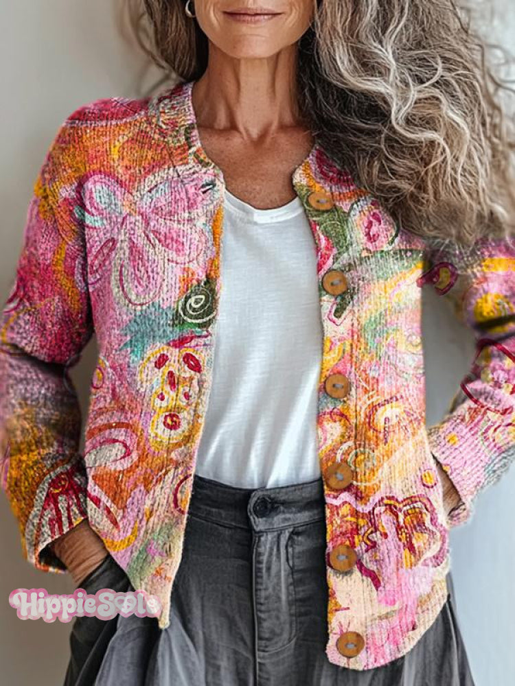 Women’s Floral Fantasy Art Print Button Cardigan Multicolor / S