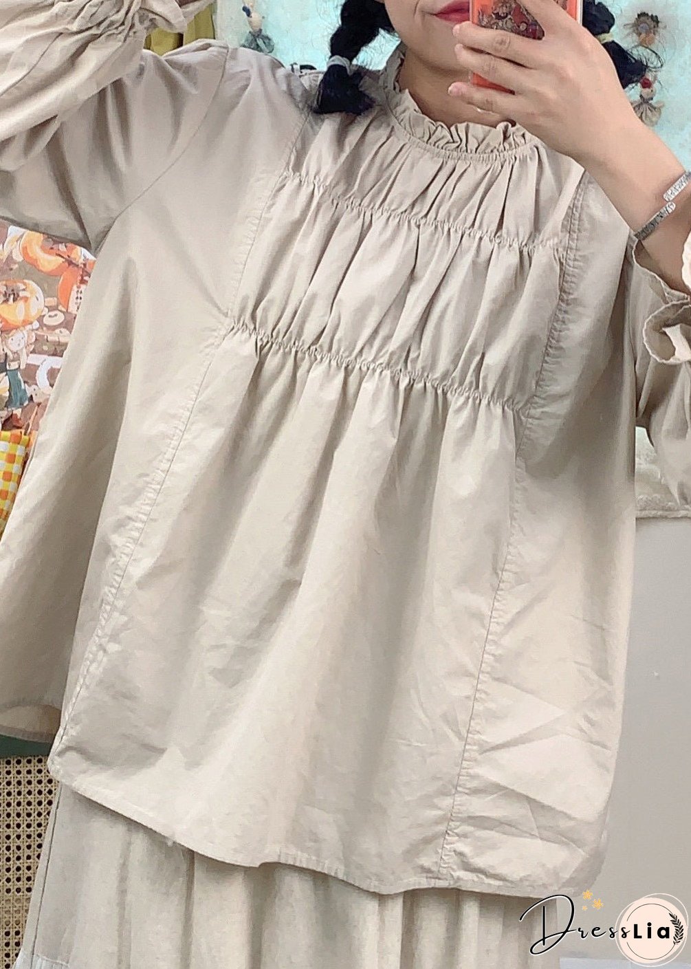 French Purple Solid Ruffled Lace Up Cotton Top Spring