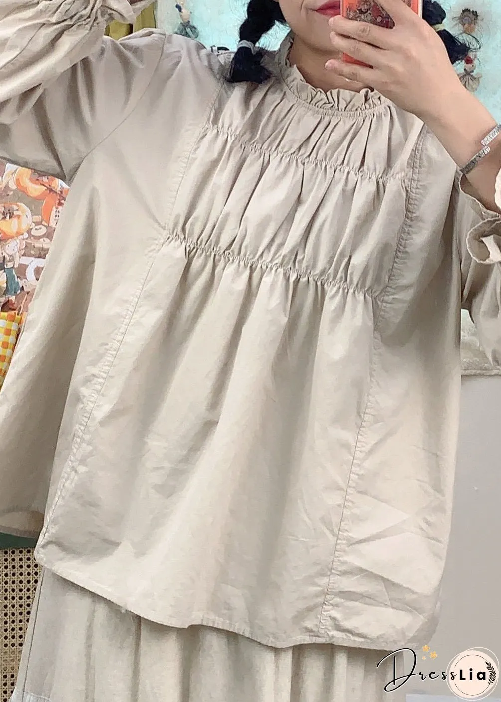 French Purple Solid Ruffled Lace Up Cotton Top Spring