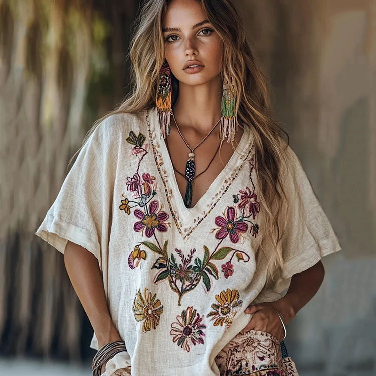 Utbros Women's Floral Embroidery Short Sleeve Casual Linen Top