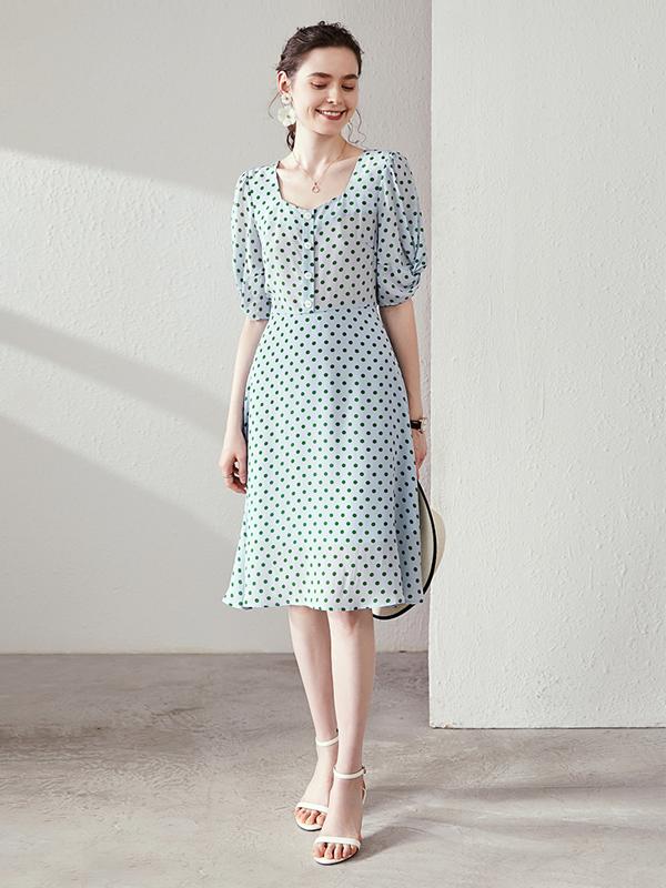Silk Dress Polka Dot Gentle Puff Sleeve Style