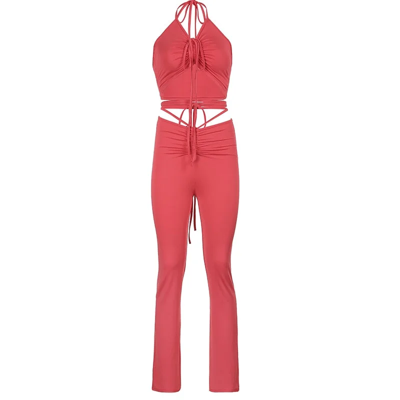 BIIKPIIK Halter Criss-Cross Crop Top And Women's Drawstring Pants Matching Sets Skinny Hollow Out Sexy Two Piece Set For Women
