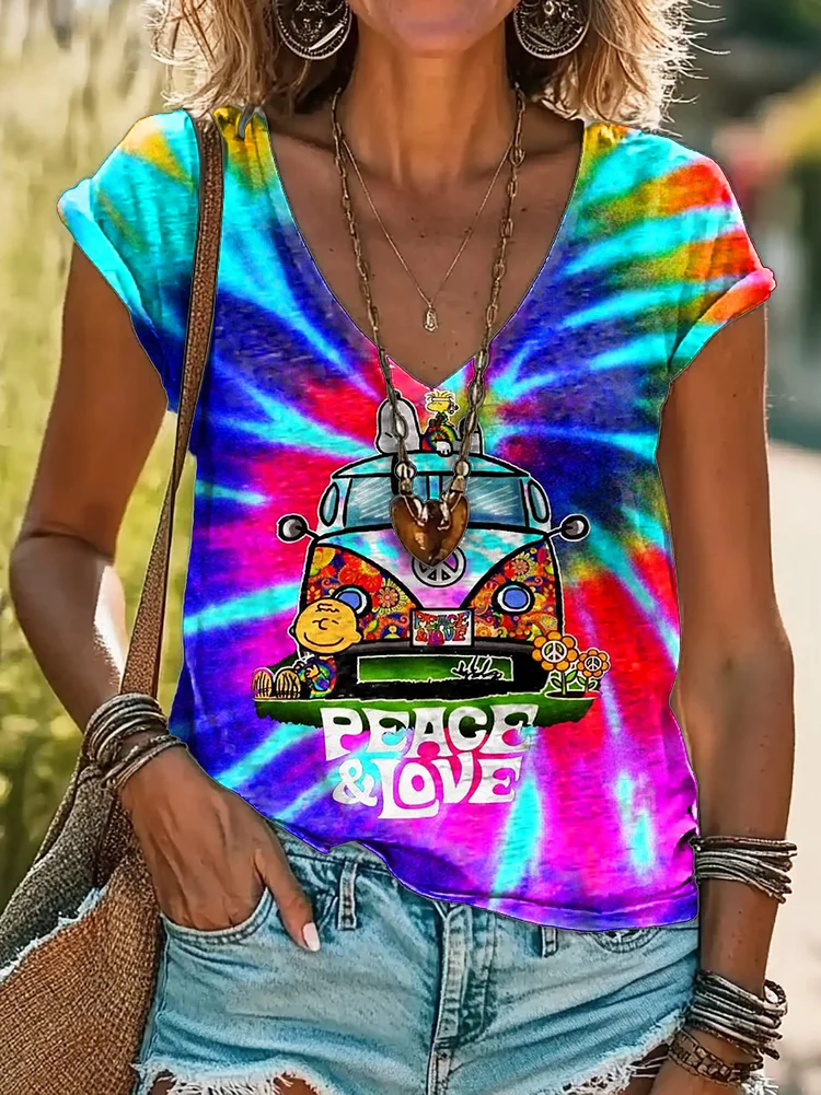 Women's Hippie Car Tie Dye Print 100%Cotton V-neck T-Shirt