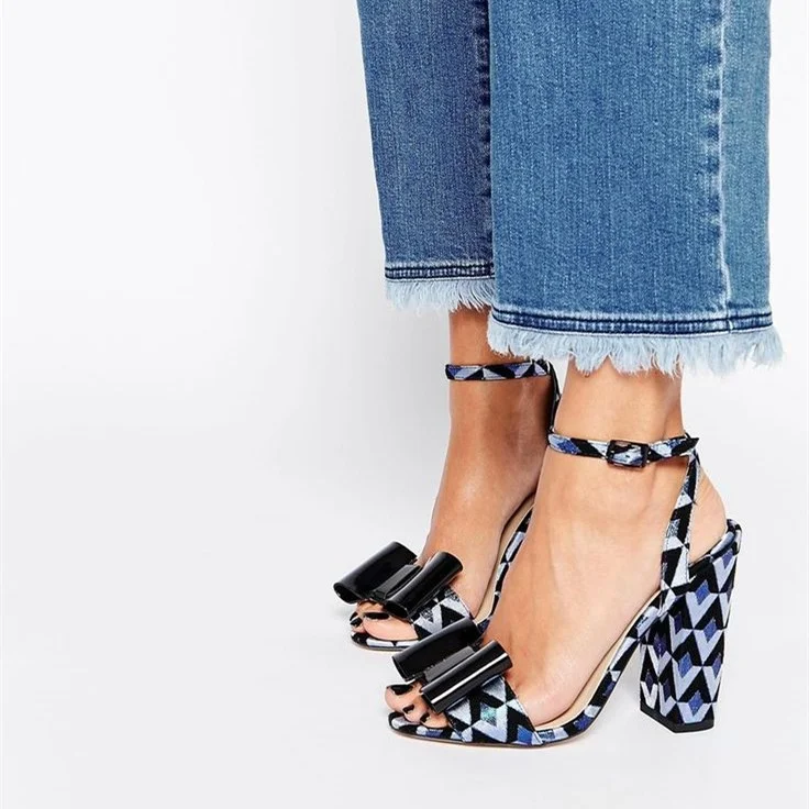 Blue and Black Floral Bow Ankle Strap Block Heel Sandals |FSJ Shoes