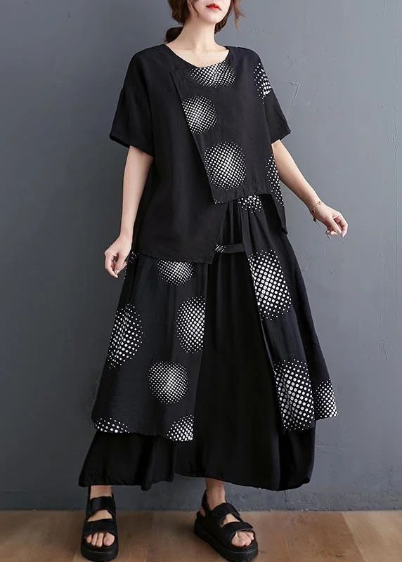 Black Print Short Sleeve Round Neck T-shirt Elastic Waist Skirt Suit Summer ( Limited Stock)