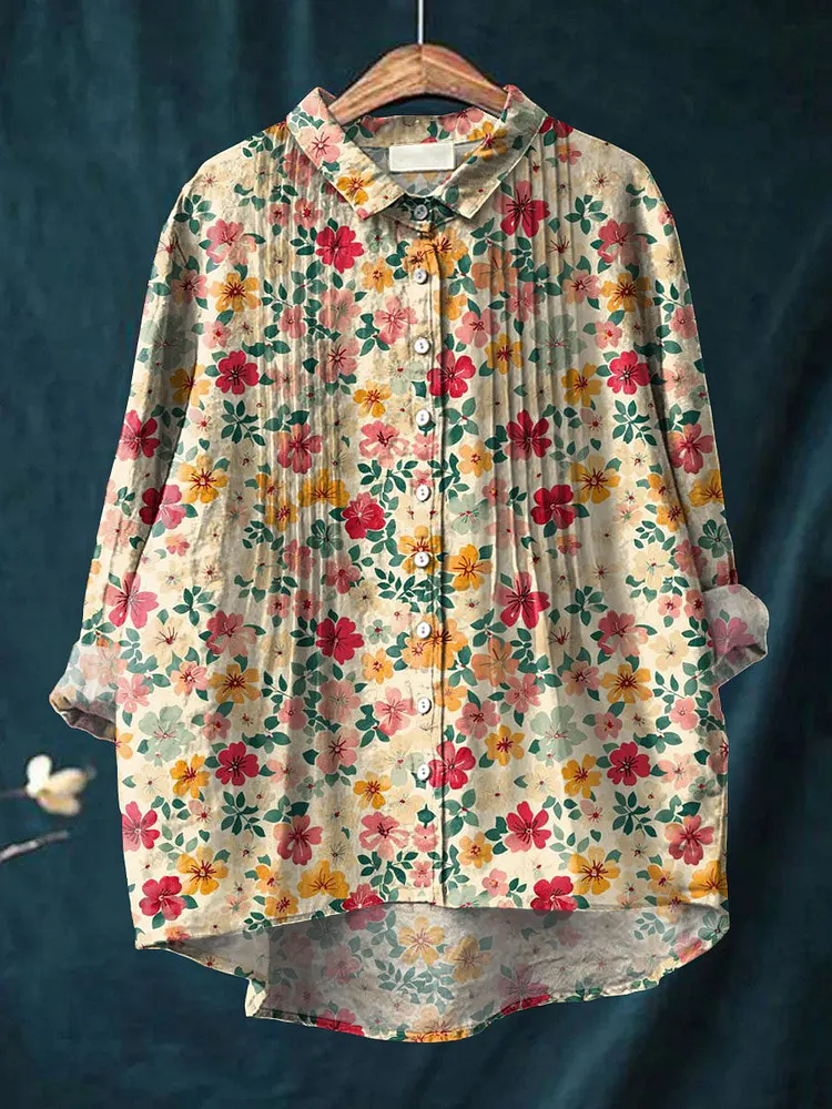 Women's Vintage Floral Art Print Casual Cotton And Linen Ruffle Shirt