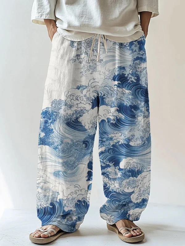Men's Waves Watercolor Art Print Casual Pants