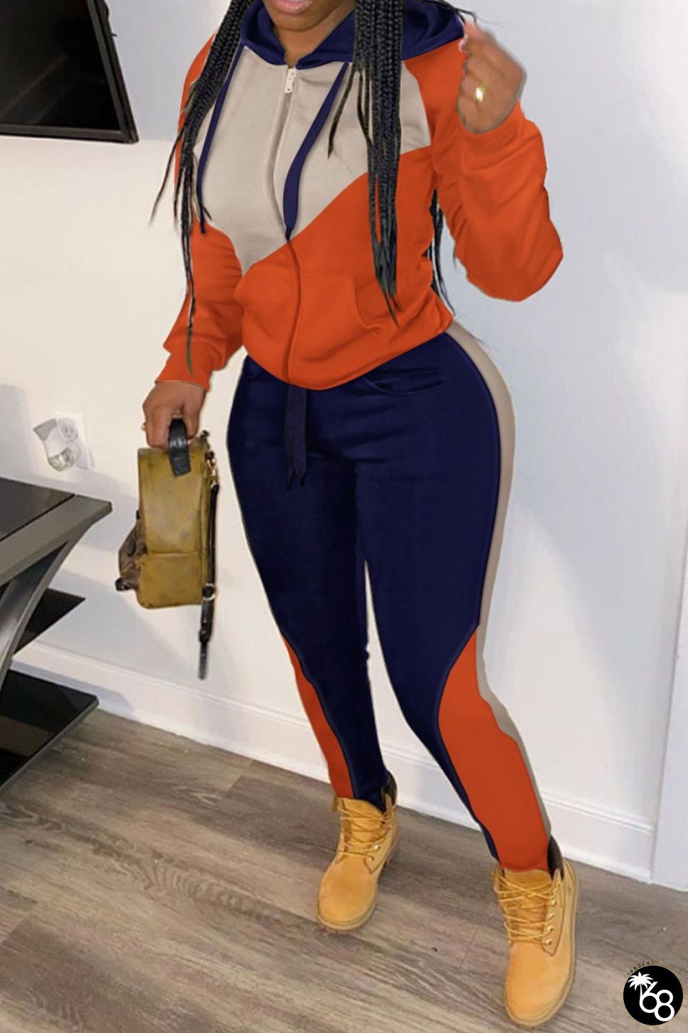 Colour Casual Patchwork Contrast Hooded Collar Long Sleeve Two Pieces | 168DEAL