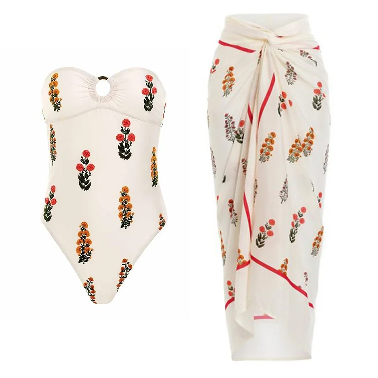 Bandeau Floral Print One Piece Swimsuit and Sarong