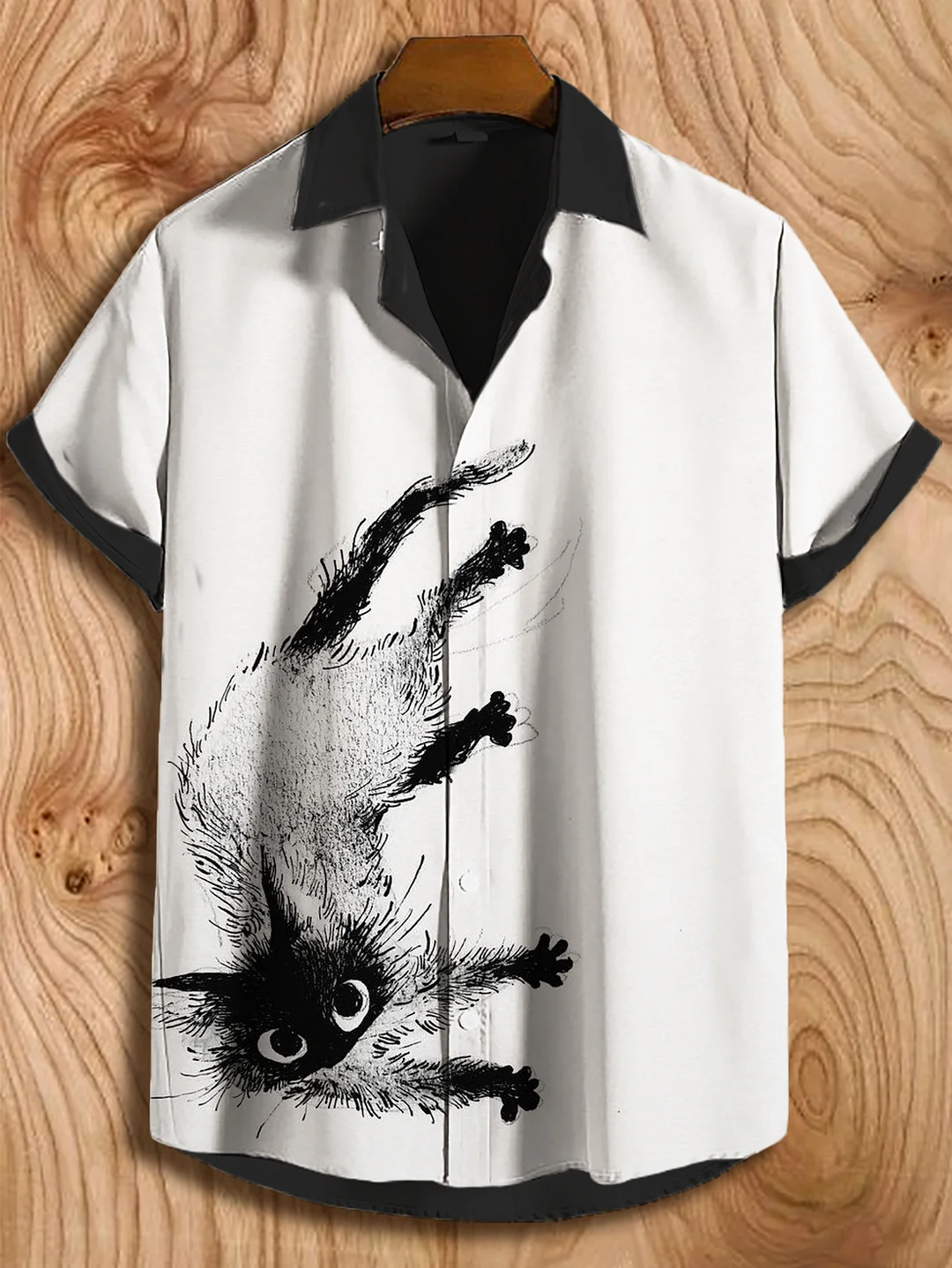 Men's Black Stray Cat Graphic Print Casual Shirt