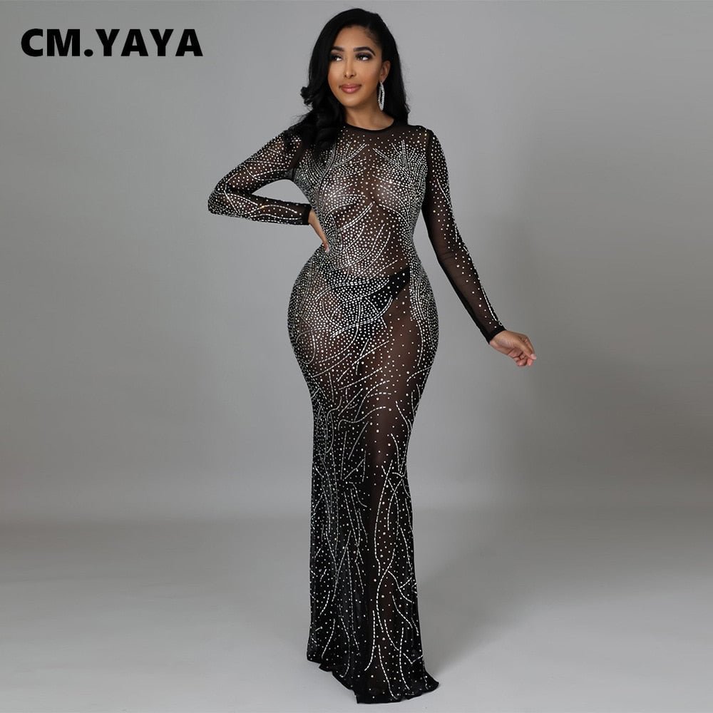 CM.YAYA Women Diamonds Hot Drill Mesh See Though Long Sleeve Mermaid Maxi Dress Sexy Night Party Long Dresses for Winter Spring