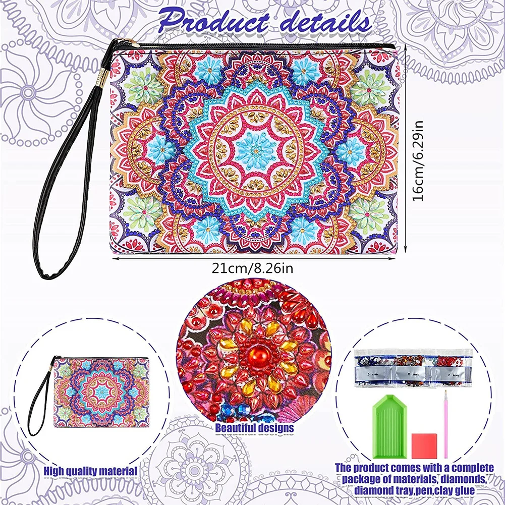 DIY Mandala Diamond Art Cosmetic Bag Flowers Single Sided PU Women Clutch