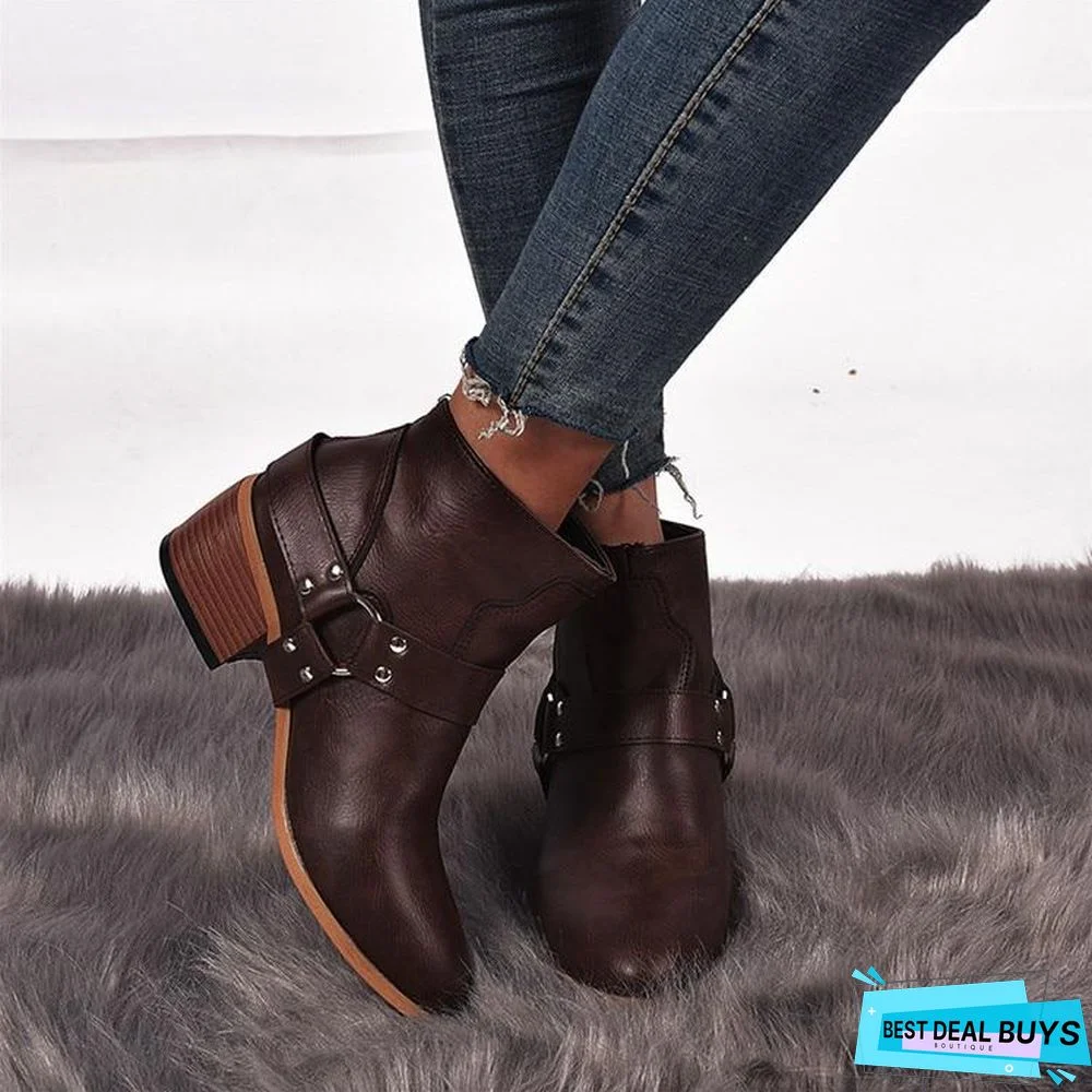 Women Boots Vintage Leather High Heels Shoes Bota Woman Autumn Short Boot Winter Buckle Daily Ankle Boots