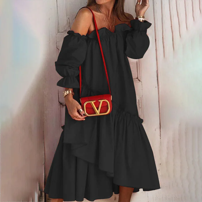 Off Shoulder Asymmetric Ruffled Midi Dress