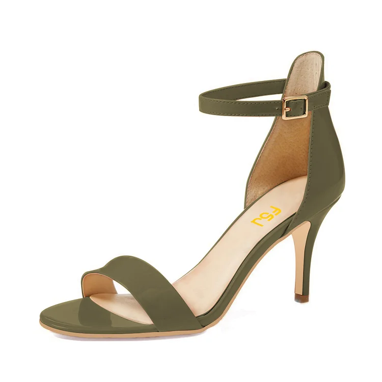 Olive Patent Leather Stiletto Heel Ankle Strap Sandals |FSJ Shoes