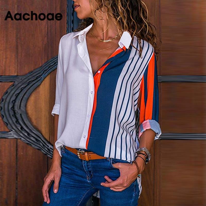 Aachoae Women Striped Blouses Long Sleeve Blouse Turn Down Collar Lady Office Shirt Casual Tops Blusas Blouse et Chemisier Femme