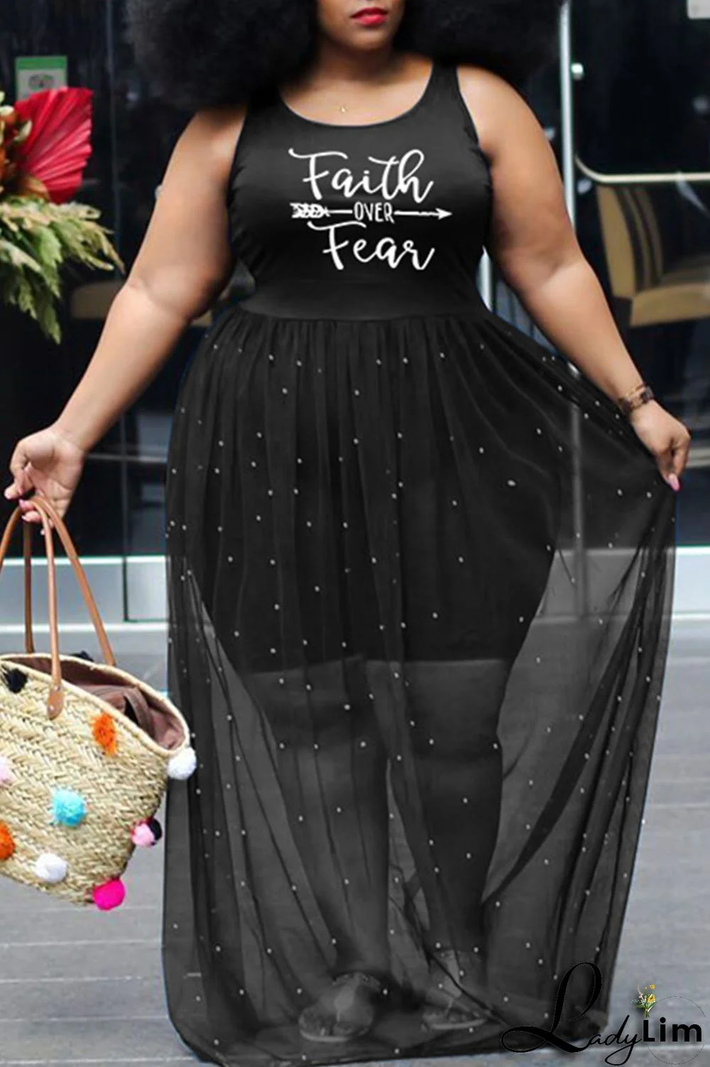 Black Sexy Casual Plus Size Letter Print Split Joint Beading O Neck Vest Dress