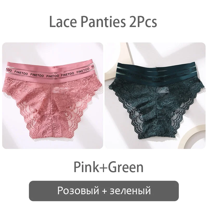 FINETOO 2Pcs Lace Panties Women Sexy Transparent Briefs Low Waist Floral Underwear Fashion Ladies Underpants L-2XL Girl Lingerie