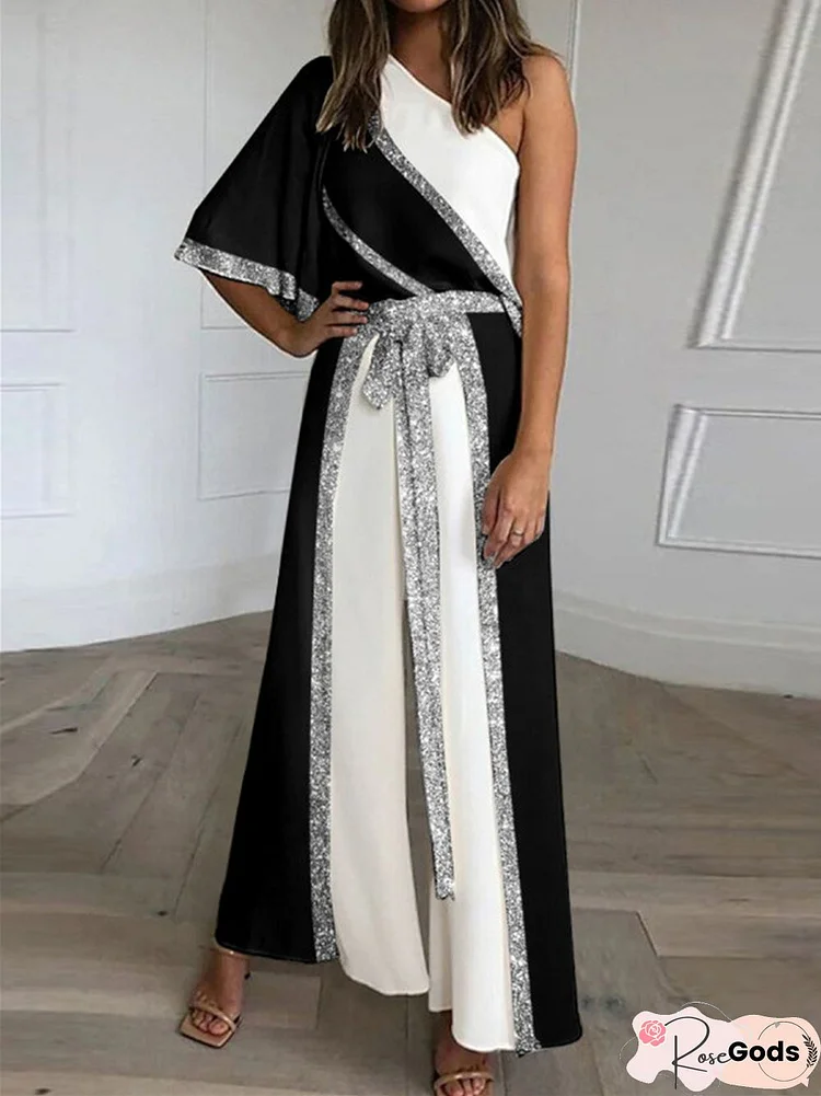 Women's New Fashion Solid Color Diagonal Neck One-Piece Wide Leg Pants