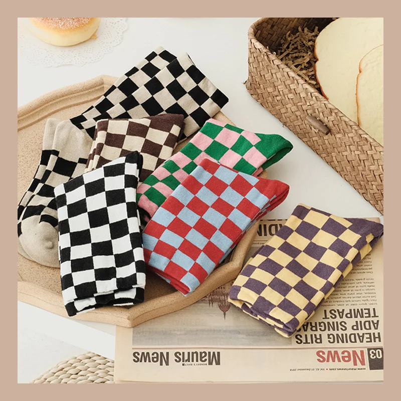 Vintage fashion checkerboard socks 5 pairs set