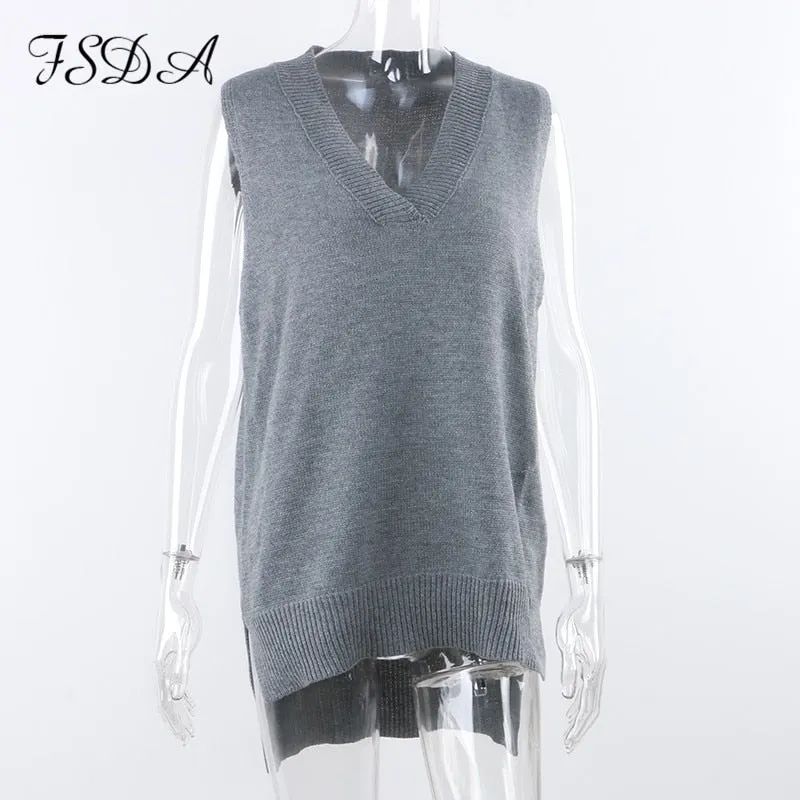 FSDA V Neck 2020 Women Split Vest Sweater Dress Sleeveless Gray Autumn Winter Loose Casual Knitted Jumper Oversized Pullover