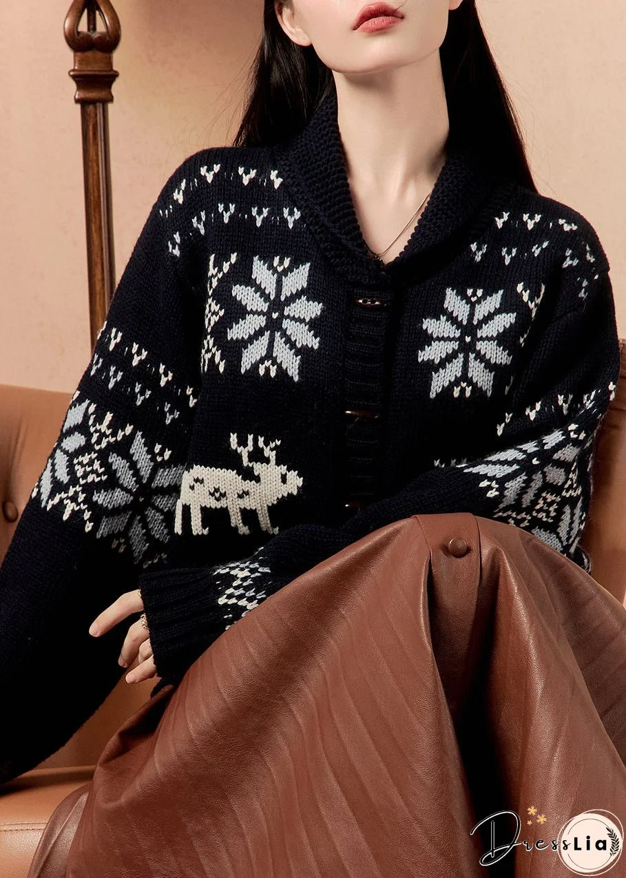 Jacquard Navy Button Cozy Knit Coats Winter