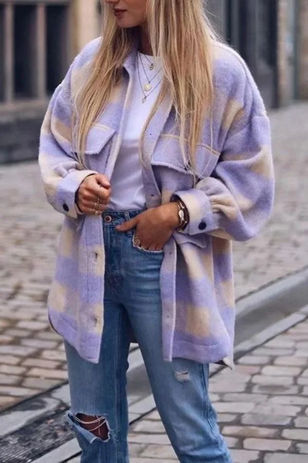 Girly Tartan Shirt Collar Regular Coat